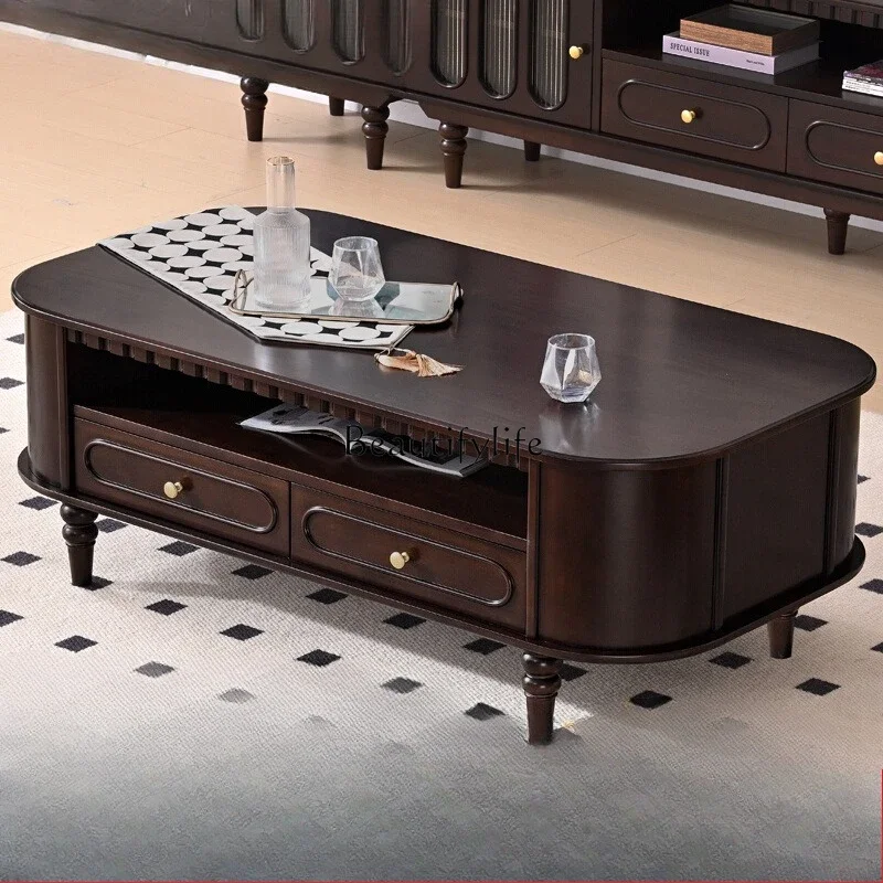 

yj19 French Style Pure Solid Wood Coffee Table Light Luxury Retro Living Room Furniture Oval Tea Table