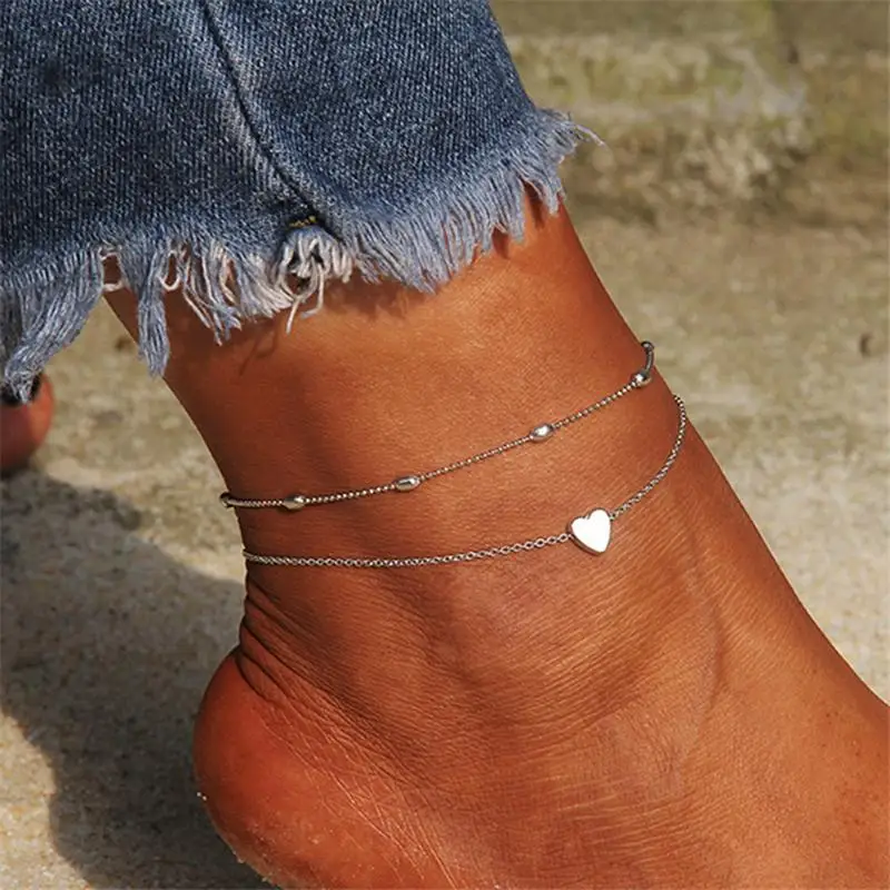 Women Ankle bracelet silver Color Anklets Simple Heart Barefoot Crochet Sandals Foot Jewelry Two Layer Foot Leg Bracelet Anklets