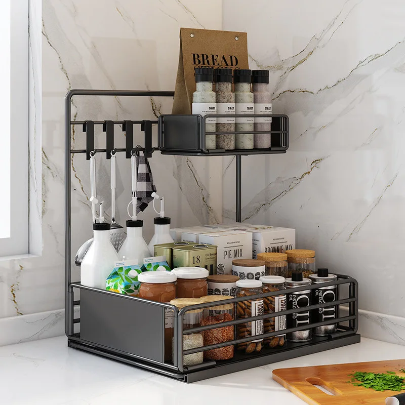 Kitchen Items Sink Shelf Drawer Type Iron Storage Rack Push Pull Basket Separate Seasoning Frame Accessories Organizer