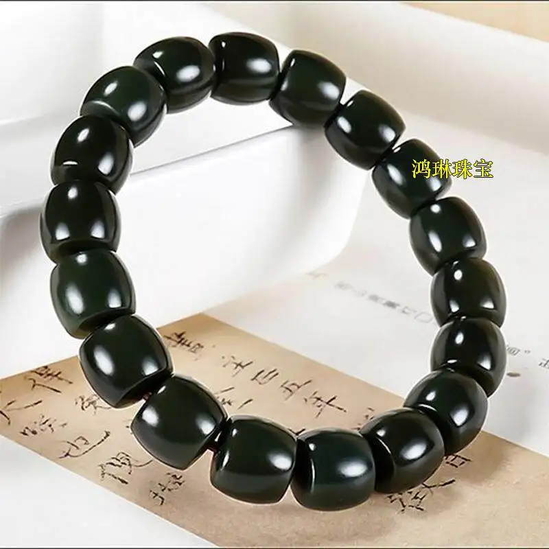 Xinjiang Hetian jade straight cut bracelet 11 * 12mm ink sapphire old bead jade bead string jade bracelet single circle