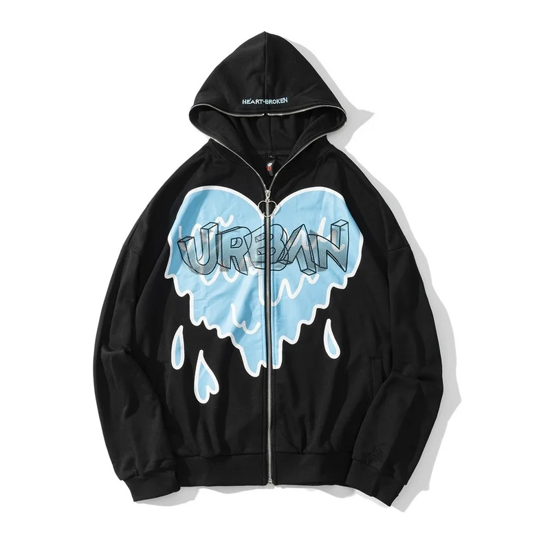 Veste à capuche pour homme, design Original, dessin animé, amour, fermeture éclair, cardigan, marque tide, streetwear, pull, pour couple, noir, blanc