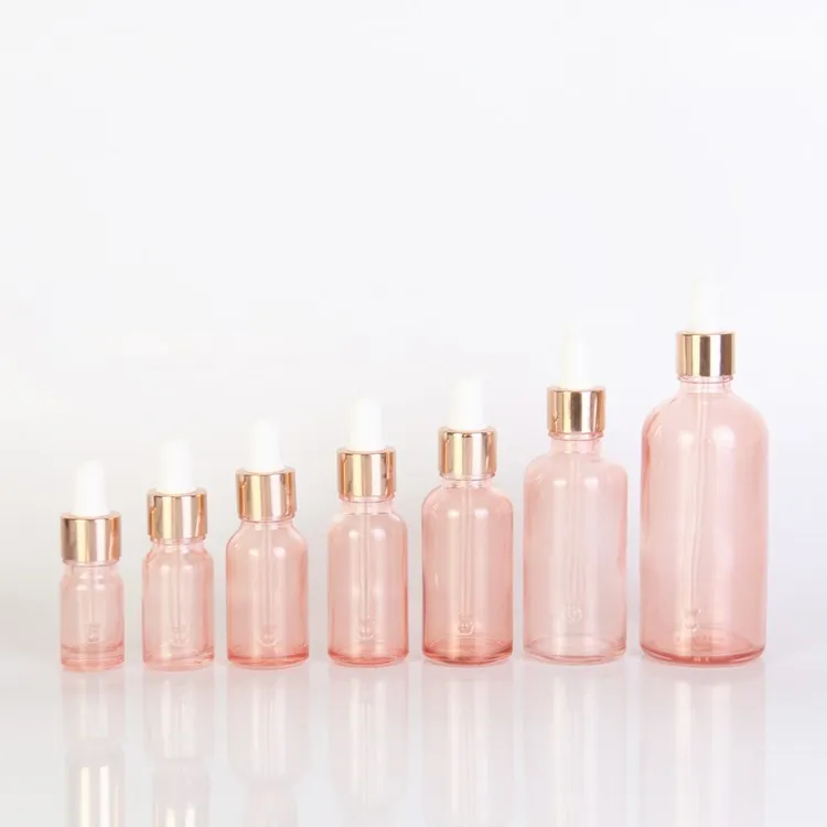 

Wholesale! 5/10/15/30/50/100ml Empty Refillable Pink Clear Glass Essential Oil Perfume Bottle with Rose Gold Pipette Dropper Lid