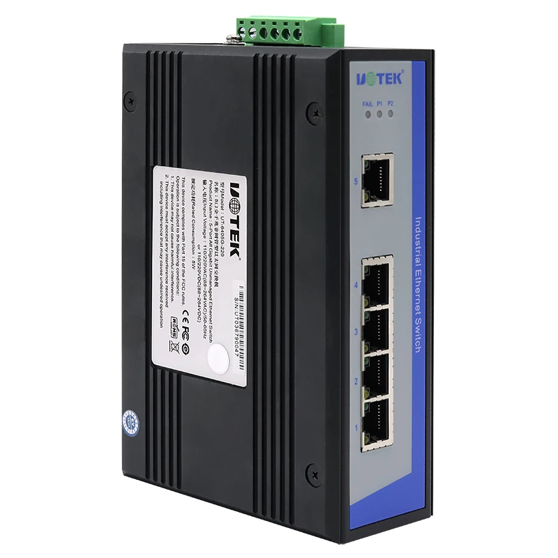 UOTEK-conmutador Gigabit Ethernet no administrado, 10/100/1000Mbps, 5 puertos, entrada de alimentación Dual, conmutador Ethernet Industrial de carril DIN UT-6405G-220