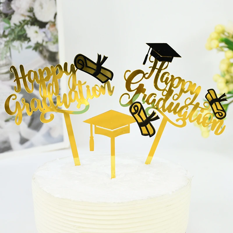 3/6pcs Black Gold Happy Graduation Cake Topper Graduation Party Acrylic Bachelor Hat Cake Toppers College Party Cake Supplies