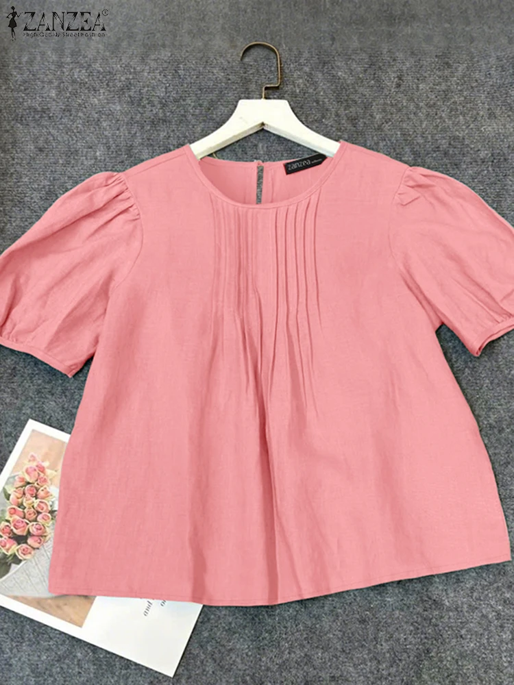 ZANZEA Blusas de lino y algodón de verano para Mujer, Blusas a la moda con babero plisado y cuello redondo, Blusas de manga corta abombada para Mujer, camisa de Color sólido para todos los días