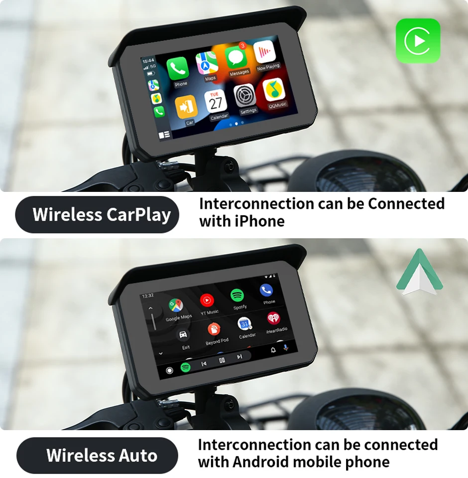 GreenYi-Motocicleta Carplay DVR traço Cam, Camera Display impermeável, Navegação GPS portátil, sem fio Android Auto, 5 ", 1080p