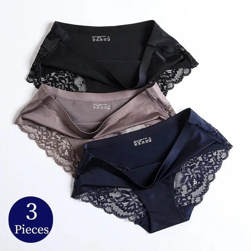 

3PCS/Set Women's Panties Exquisite Lace Underwear Sexy Lingerie Big Size Sweet Silk Satin Briefs Soft Cozy Underpants