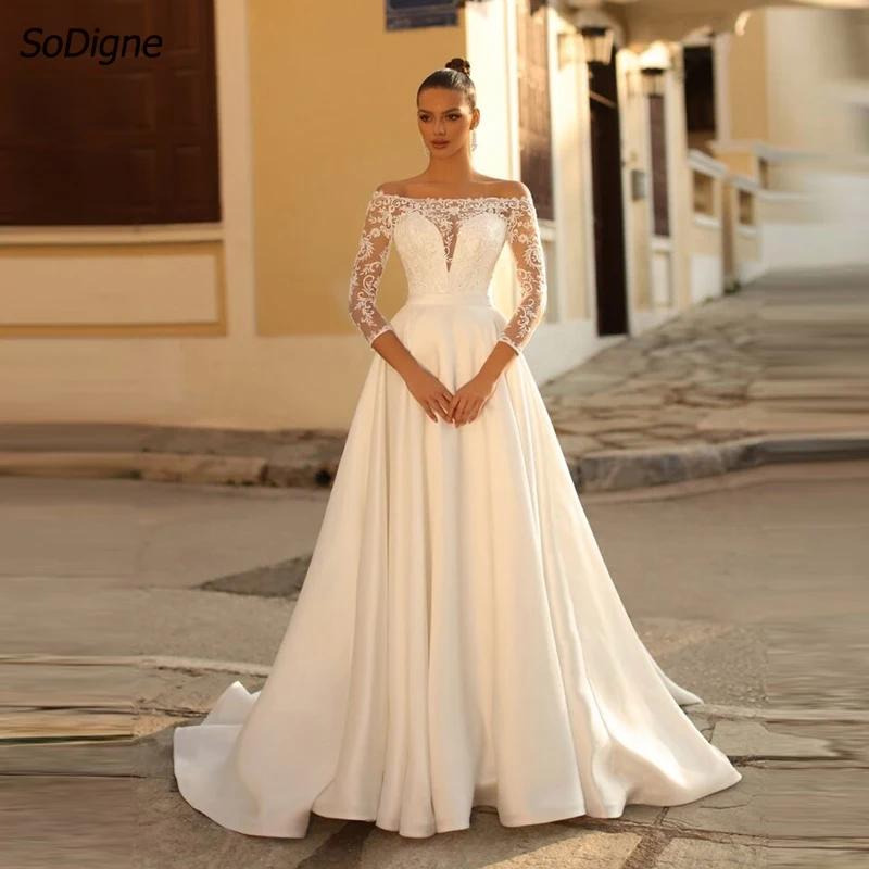 

SoDigne A-line Satin Wedding Dress Full Sleeves Lace Appliques Bride Dresses Long Elegant Bridal Gowns vestidos de novia 2024