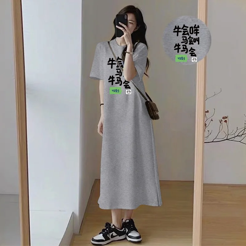 Women Casual Short Sleeve T Shirt Dress Funny Letter Print Loose Maxi Dress Side Split Oversized Summer Long Dress view 4