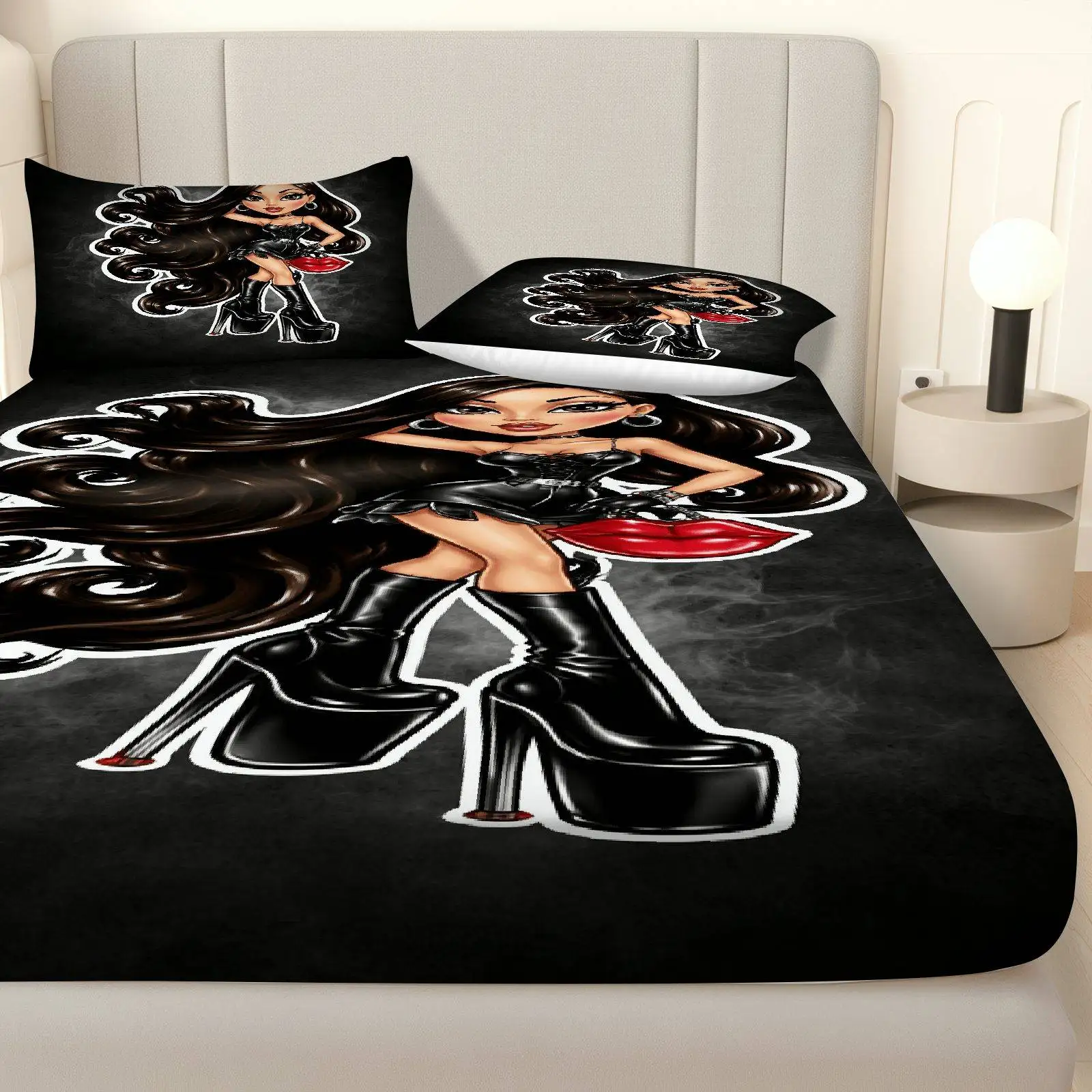 Customize 3pcs Glamorous Fashion Woman Fitted Sheet Three Piece Set (1*Fitted Sheet+2*Pillowcases, Coreless), Fashion Theme, Sty