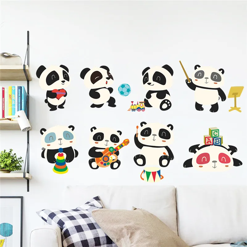 Cartoon Pandas Wall Stickers For Kindergarten Kids Room Home Decoration Diy Animal Mural Art Vivid 3d Pvc Decal Safari Poster