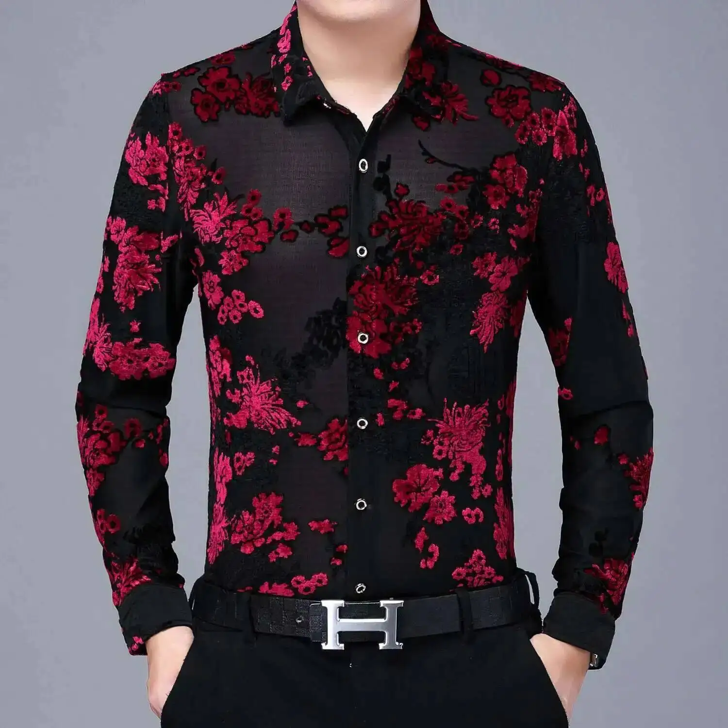

High Quality Mens Floral Shirt 2021 Long Sleeve Slim Velvet Shirt Men Clothing Camisa Business Party Prom Red Blue Flower Shirt