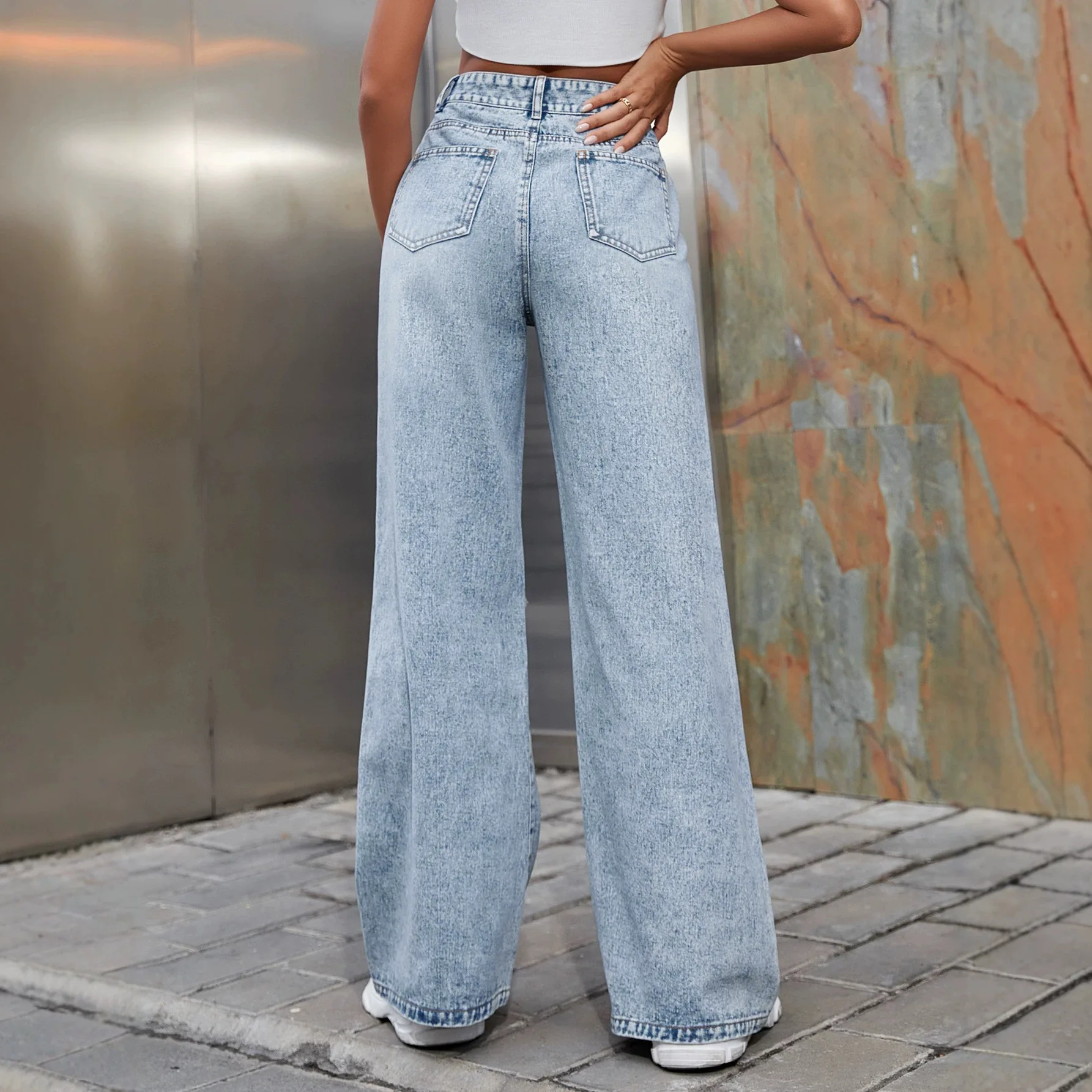 High Waist Wide Leg Casual Denim Jeans Fashionable Hole Design Cross-Border Women's Clothing Commute Style No Brand