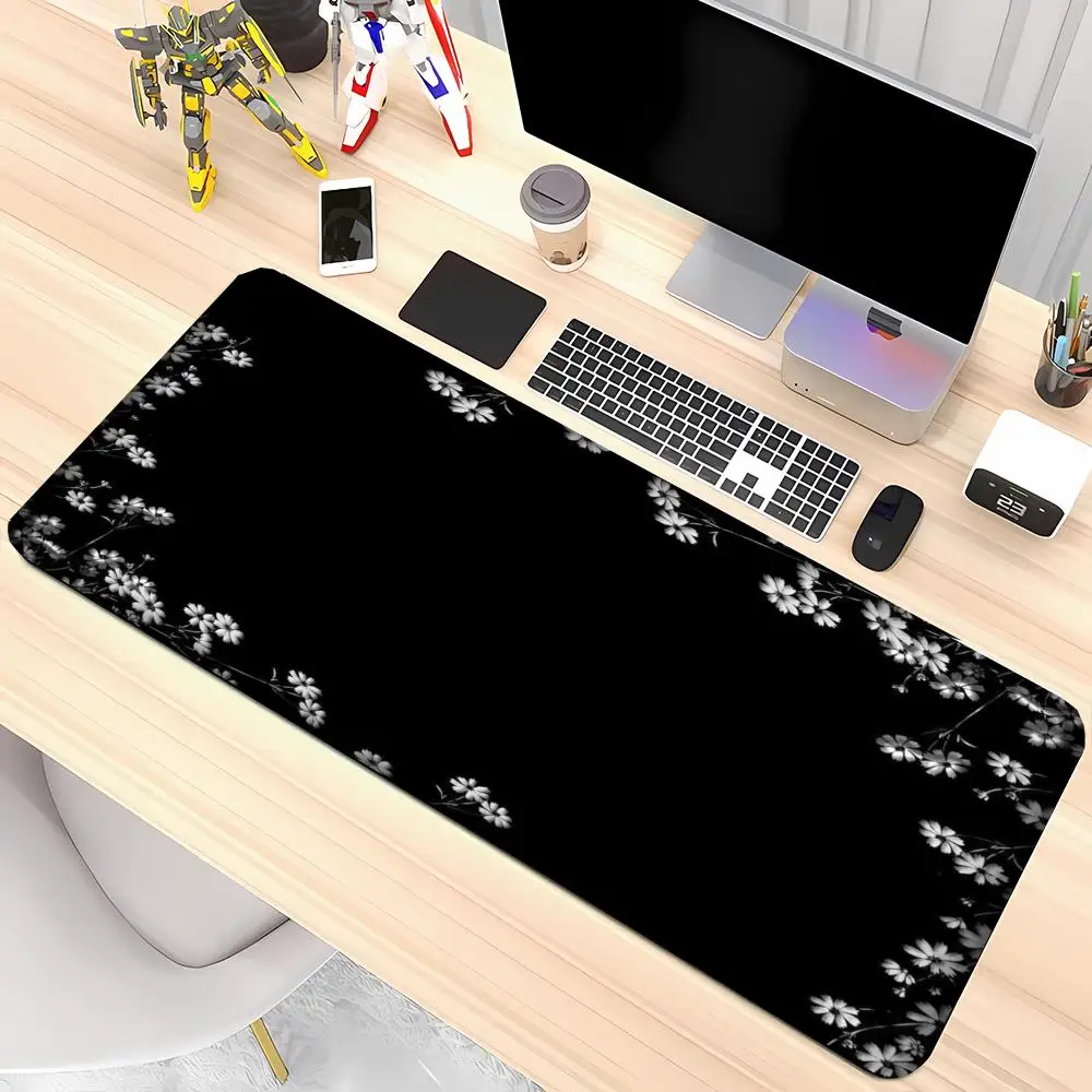 Mouse Pads Minimal Black Background Delicate White Cherry Blossom Border Anime Playmat Large Size For Bedroom Office Desktop Mat