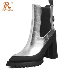 PRXDONG Genuine Leather Autumn Winter Warm Ankle Boots Chunky High Heels Platform Black Silver Dress Party Lady Shoes Size 34-39