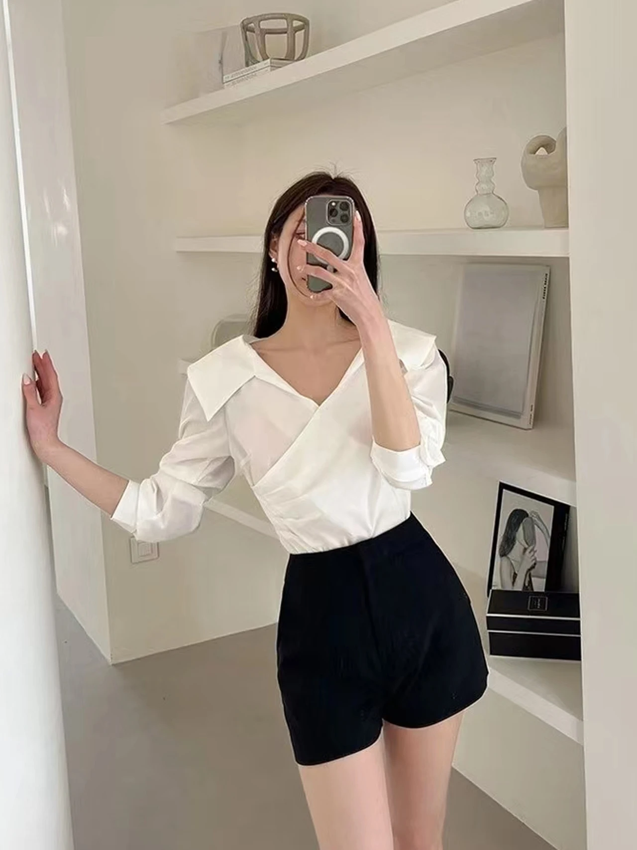 Ele V-Ne Long Sve feminino irt outono design sentido plissado cintura amarrando versátil Faion coreano sle corte reto