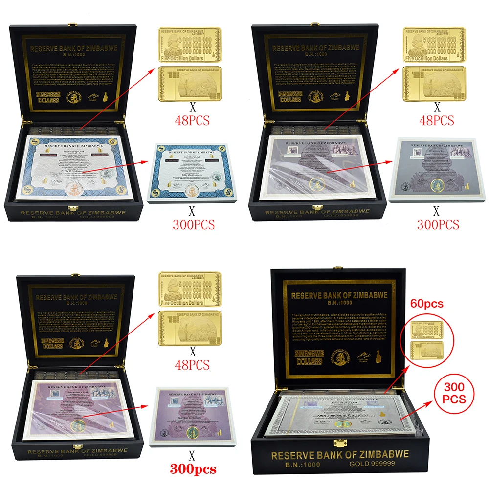 One Thousand Zimbabwe Banknote Certificate with Gold Bar 2008 Commemorative Coupon Wooden Box Set Collection Business Gift