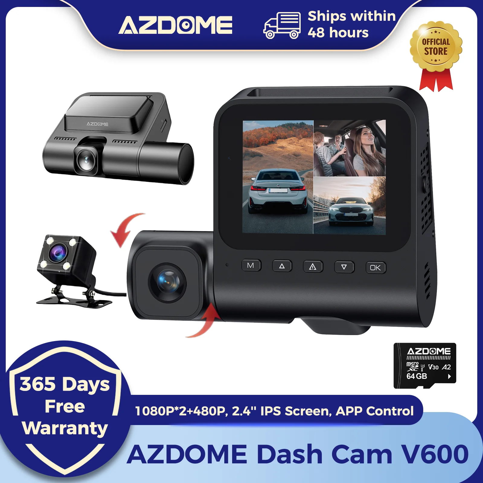 AZDOME Dash Cam V600 1080P*2+480P Front Inside and Rear Dash Camera for Cars 2.4'' IPS Screen Car DVR APP 24H Parking Monitor