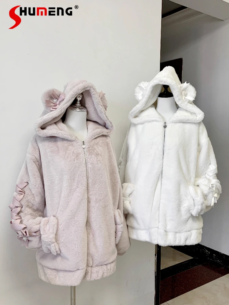 

Japanese Style Sweet Cute Bowknot Hooded Plush Coats Heart Zipper Loose Versatile Thickened Warm Winter Short Jackets for Women