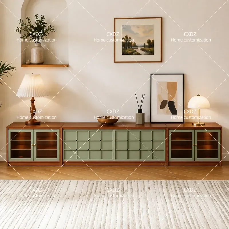 Medieval Solid Wood Modular TV Cabinet Checkerboard Skeleton Line Living Room Storage Unit 2026 New Home Furniture