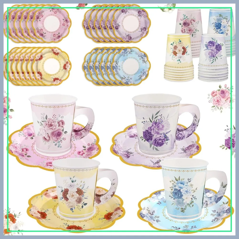 

24 Sets Disposable Paper Tea Cups 7 OZ with Handle and Plates Teacups and Saucer Sets for Garden Party Baby Bridal Shower Birthday Watercolor Style