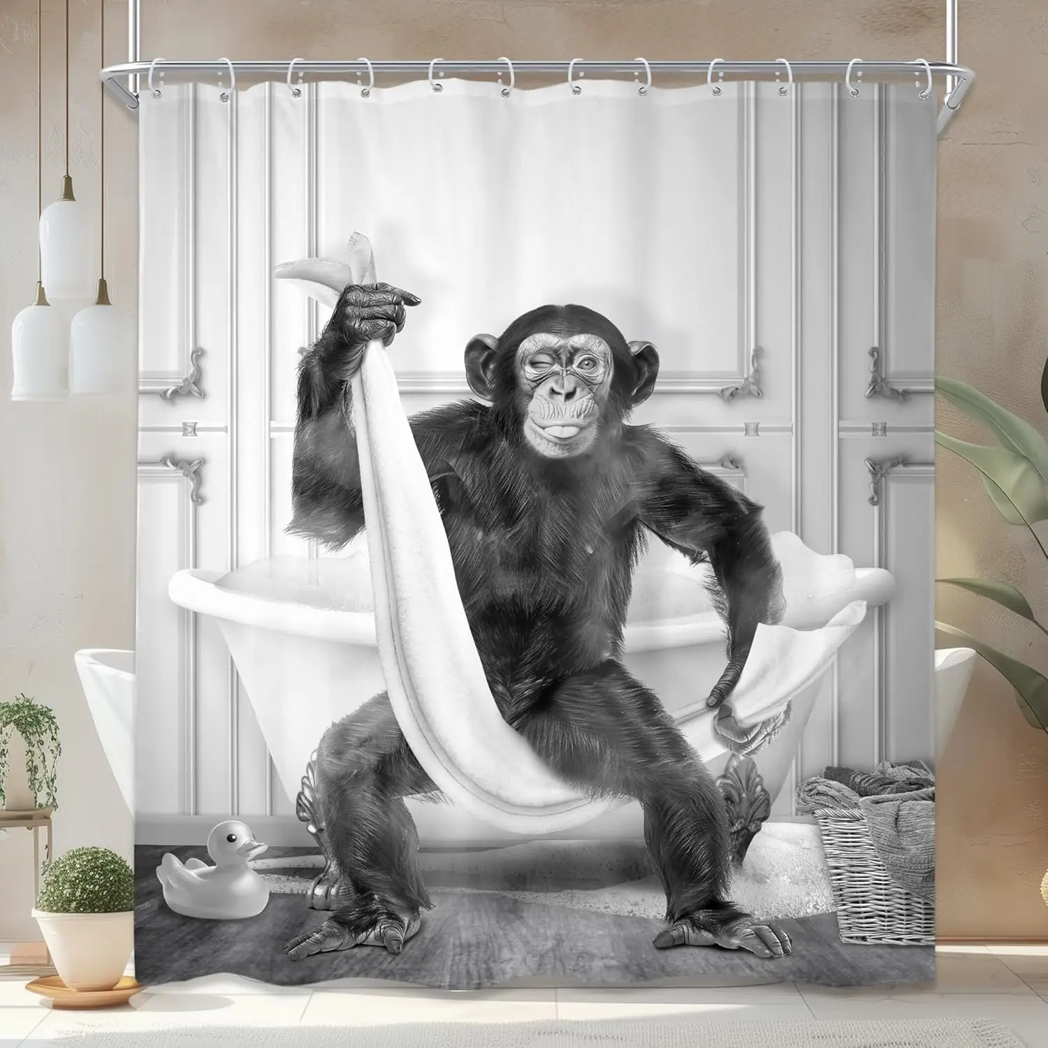 Funny Monkey Shower Curtain 60Wx72L Inch Chimpanzee Black White Animal Wildlife Boys Men Cute Modern Bathroom Set Hilarious Cool
