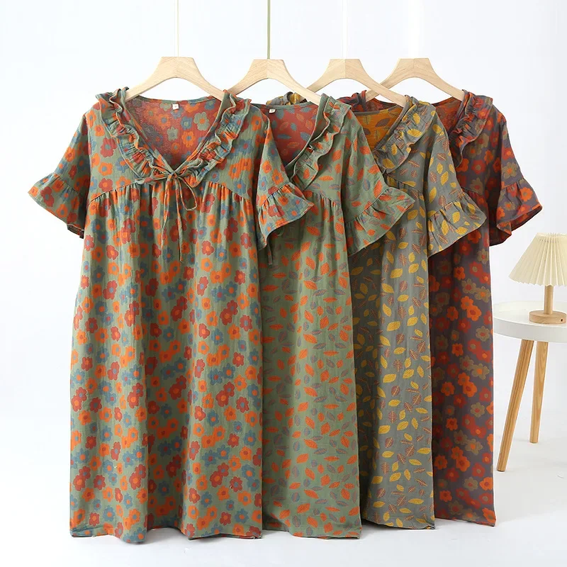 

Летние женские хлопковые двухслойные пижамы, милая японская пижама с короткими рукавами, средней длины, домашняя ночная рубашка из чистого хлопка