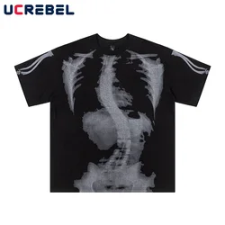 Skeleton Print Short Sleeve T-shirt Mens Summer Goth Loose Crew Neck Half-Sleeve Cotton Tee Men Tshirt