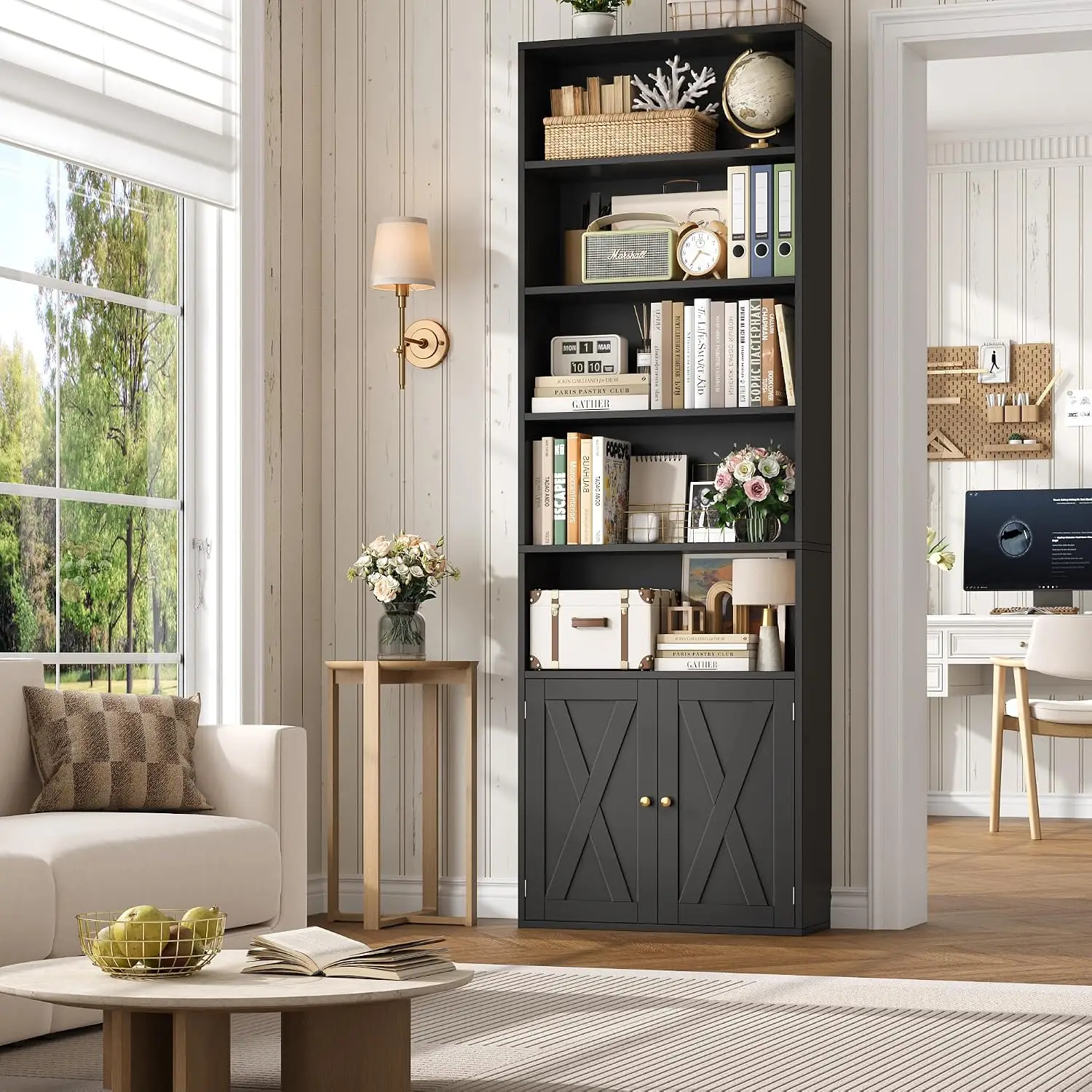 82" Tall Bookcase and Book Shelf, 24" Wide Bookshelf with Doors, 7 Tier Bookcase with Storage and Adjustable Shelf,, Custom