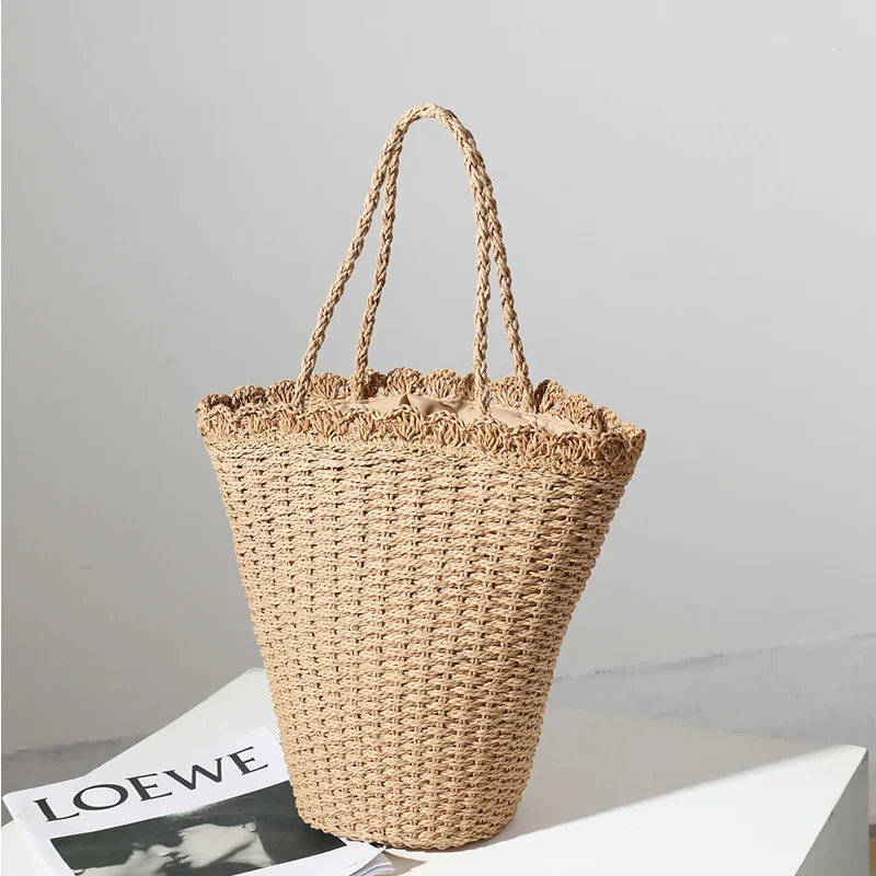 

2024 Original Ladies Rattan Raffia Bucket Straw Bag Crochet Woven Straw Hand Bag Tote Bags For Women Purses And Handbags