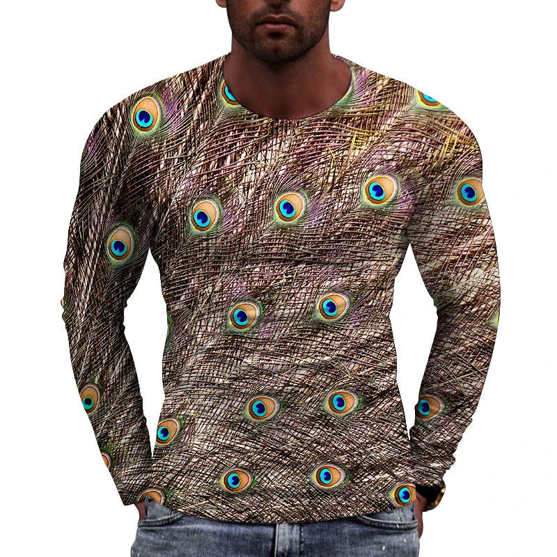 New Tide Peacock Feather  Pattern  European Size Long Sleeved T-shirt For Men's Casual Autumn Trend Top Round Neck Tees