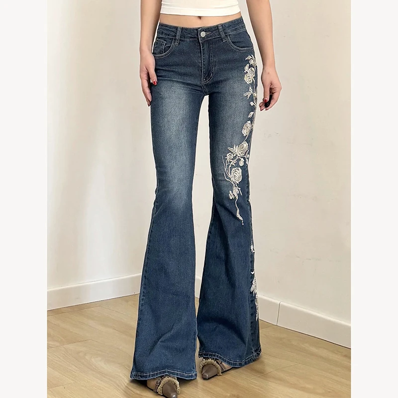 

Американские винтажные джинсы с вышивкой розы и ржавчины, женские старые джинсы с низкой талией, сексуальные эластичные расклешенные брюки для горячих девушек, летние