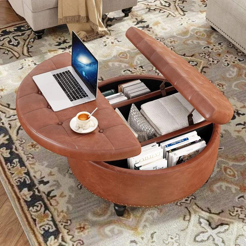 30 Inch Round Storage Ottoman,Modern Button Tufted Coffee Table with Lift Top,Large Round Ottoman Upholstered Footrest Stool Toy