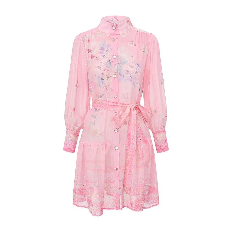 

Summer Holiday Beach Short Dress for Women with Stand Collar Long Lantern Sleeves Floral Print Sashes Lace-Up Chiffon Loose Fit