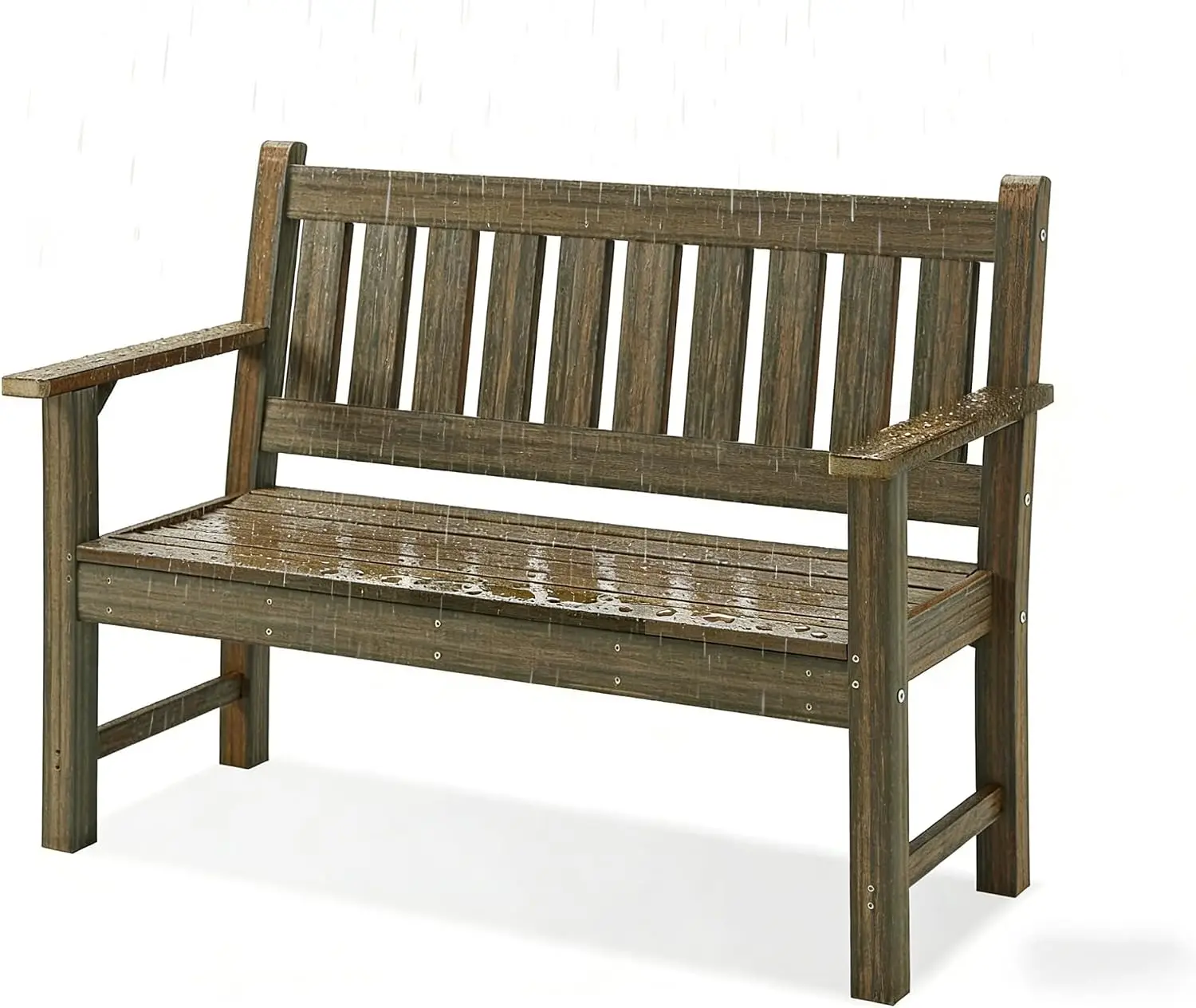 HDPE Outdoor Bench Patio Seating 800 Lbs Capacity, Weathered Brown | 2-Person Weatherproof Heavy Duty Poly Lmuber Furniture Memo