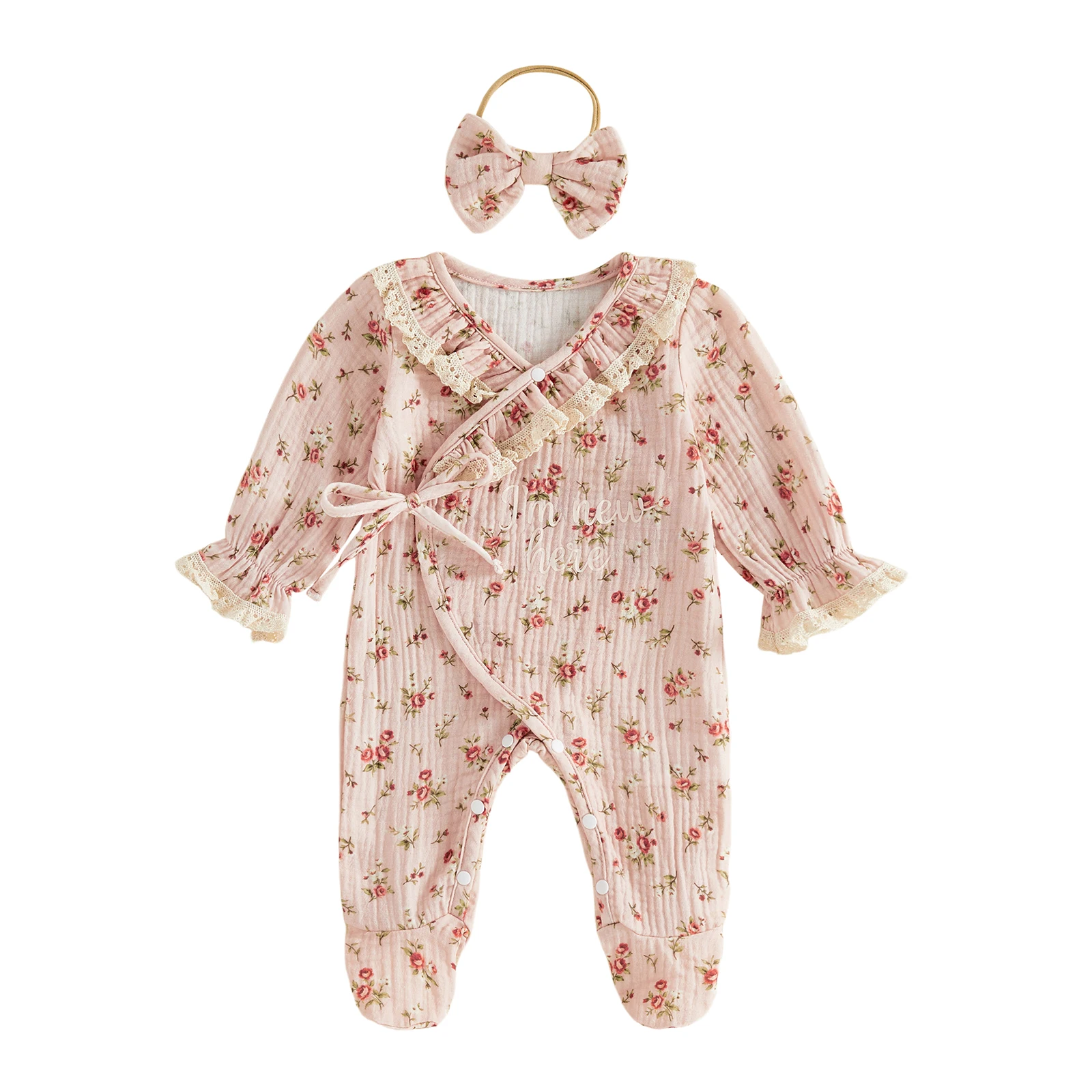 Baby Girl Fall Outfits Flower Print Long Sleeve Footed Jumpsuit Headband