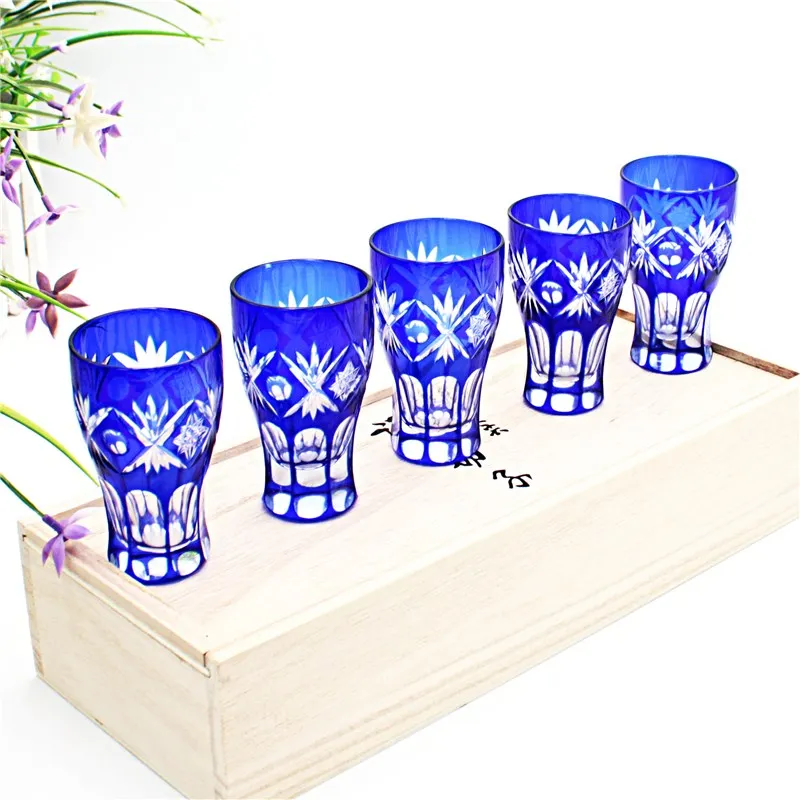 Japanese one shot sake glass, spirit cup, wooden box set, Japanese hand engraved blue glass