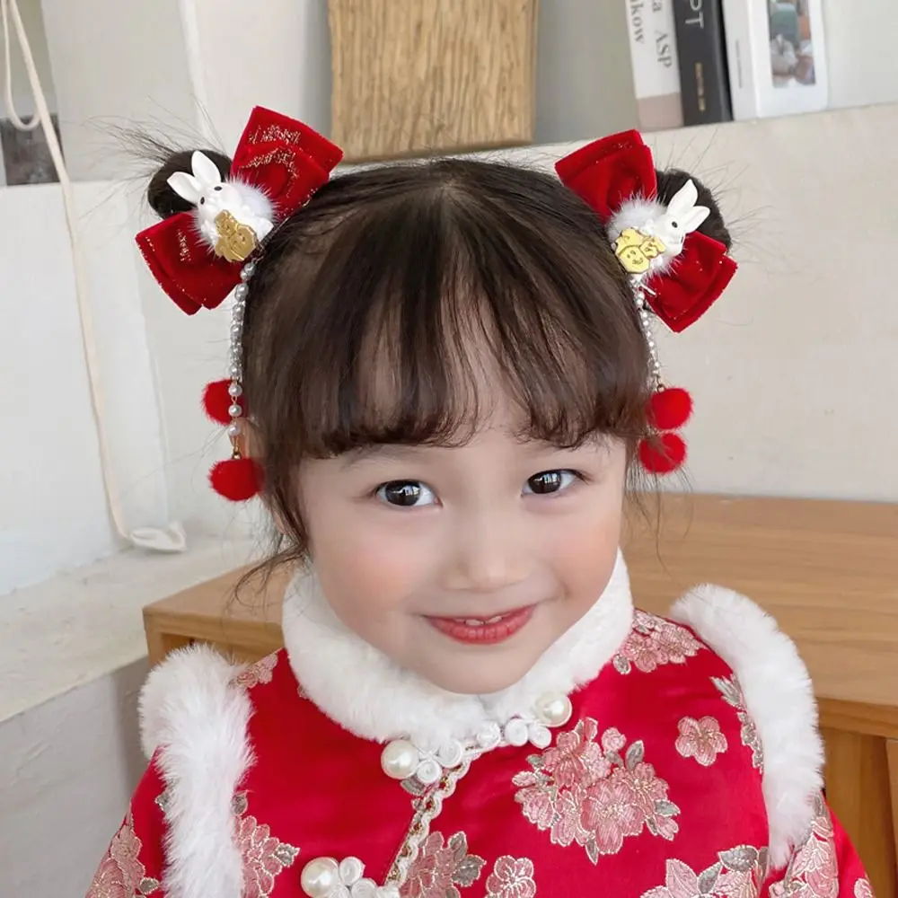 Sweet Headdress Pearl Fake Braid Flower Bell Rabbit Butterfly Girl Hair Clip Hair Accessory Red Bangs Clip New Year Hairpin