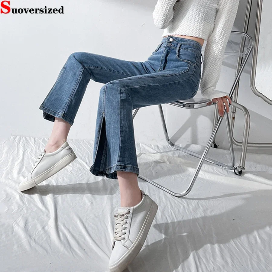 

Split Fork High Waist Slim Flare Jeans Do Old Streetwear Vaqueros Korean Pantalones Stretch Women Classic Denim Straight Pants