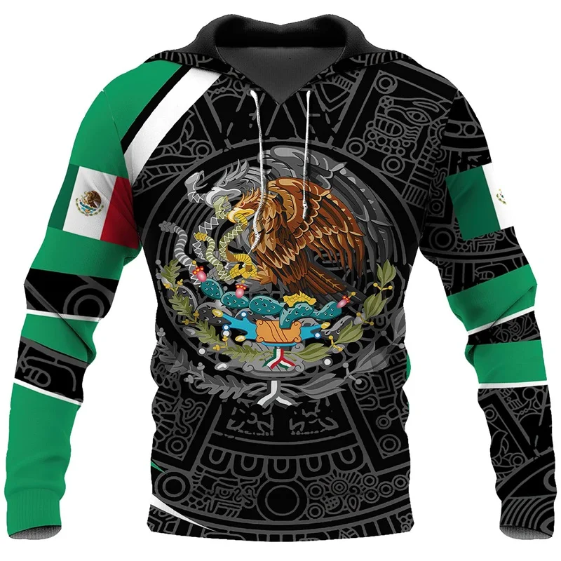 3D Print Mexican Flag Graphic Hoodies Aztec Mexican Casual Hooded Pullover Sweatshirts Full Print Oversized Mens Sport Hoodie