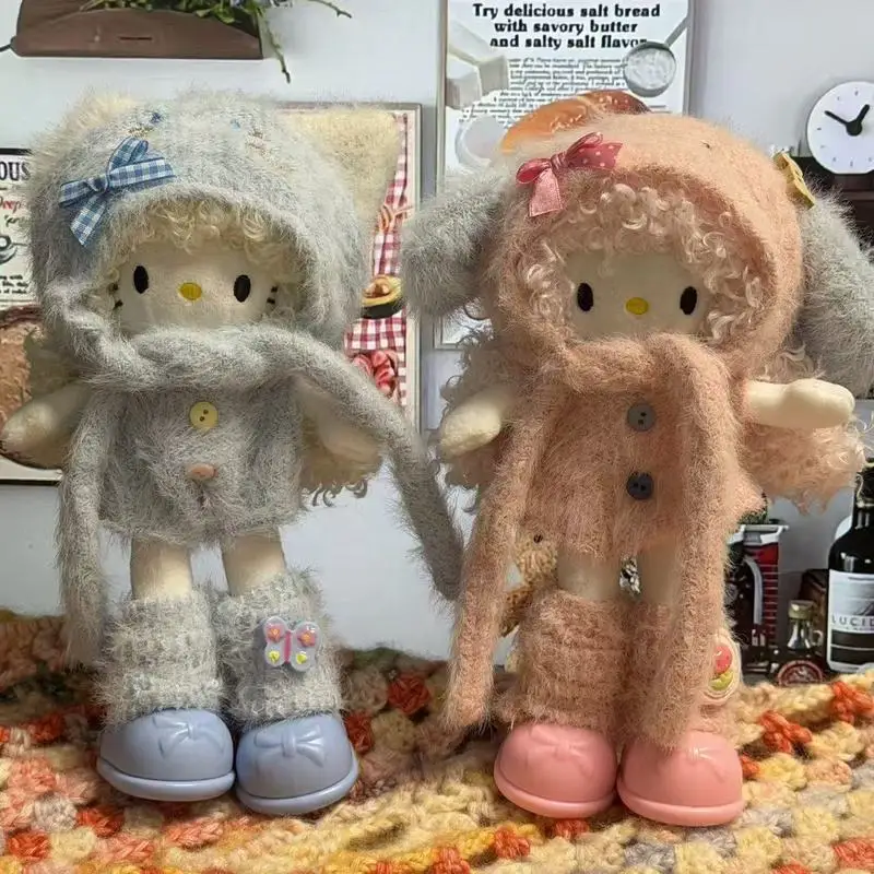 

Animation Hello Kitty with hat curly hair and long legs plush doll pendant PP cotton stuffed doll kawaii keychain gift
