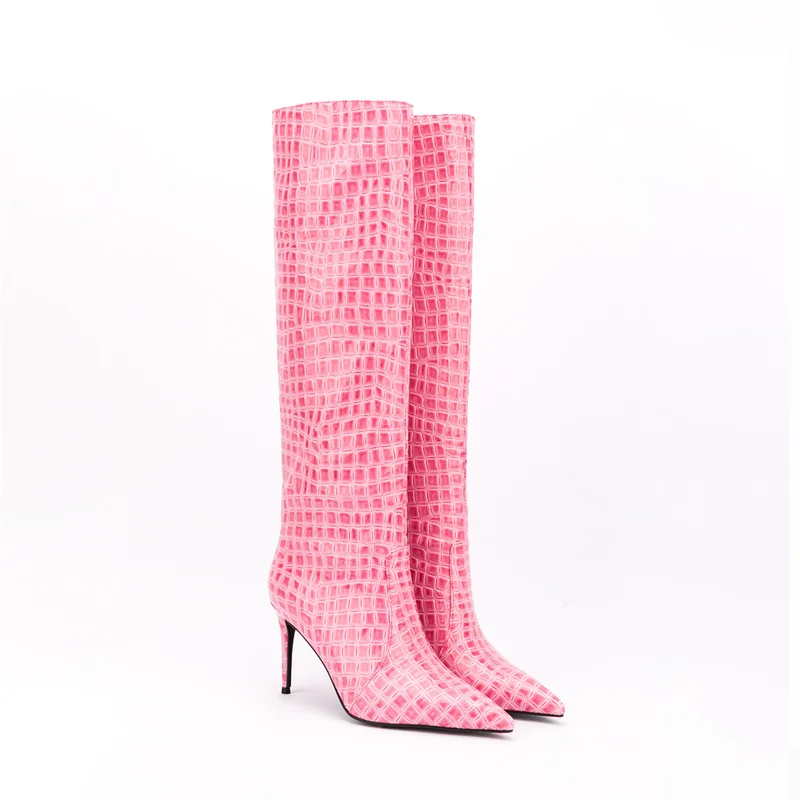 Women Knee High Boots Heels Fluorescent Green Blue Crocodile Leather Pointed Toe Spring Autumn Long Boots Black Rose Red 2022