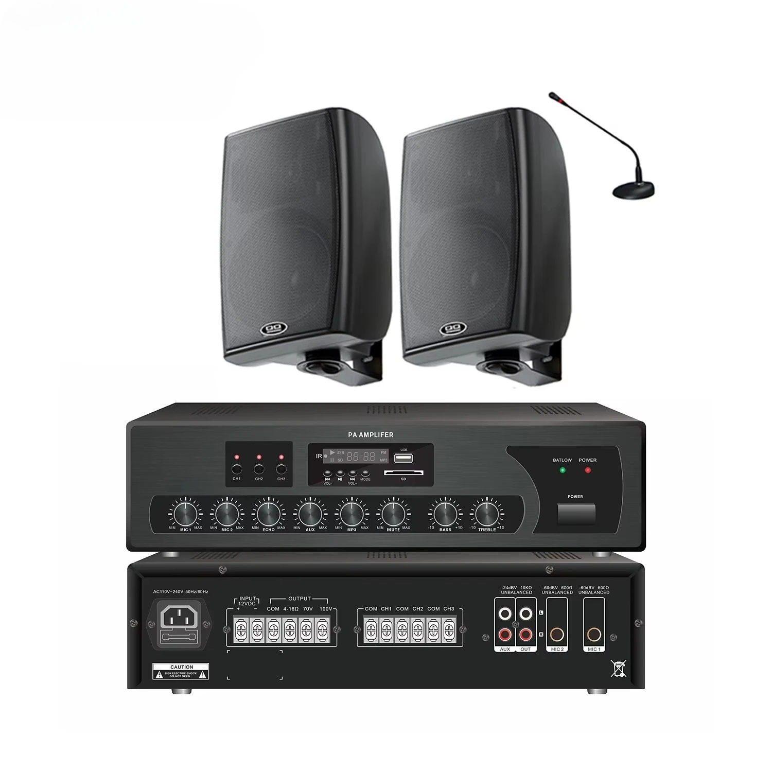 

60W Zone Paging Amplifier | Multi Input PA System with Bluetooth/FM/USB, 3-Zone Speaker Control, 70V 100V, AC/DC Power