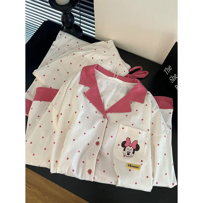 Pink Minnie Mouse Pajamas Girls Kawai Pink Polka Point Home Clothes Set Long Sleeves Sleepwear Casual Loungewear Nightgown
