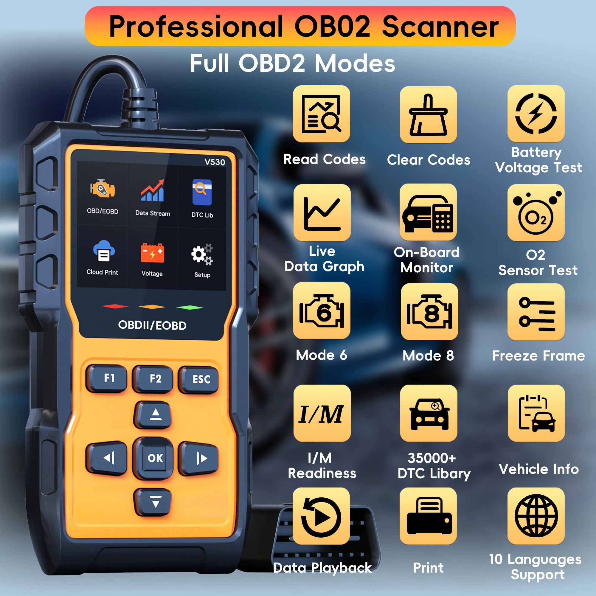 Profession OBD2 Scanner Diagnostic Tool, Check Engine Code Reader OBD2 Scanner with Reset, Mode 6, Mode 8 & I/M Readiness