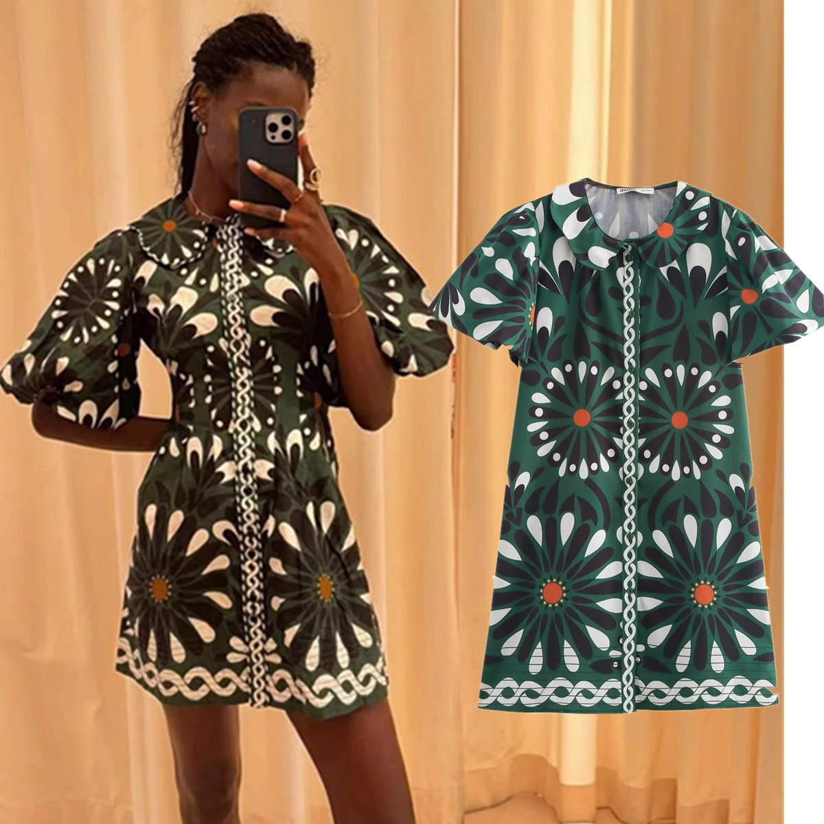 

Jenny&Dave Moroccan Bohemian Retro Printed Doll Mini Dress Neck Women 2024 Autumn Casual Dress