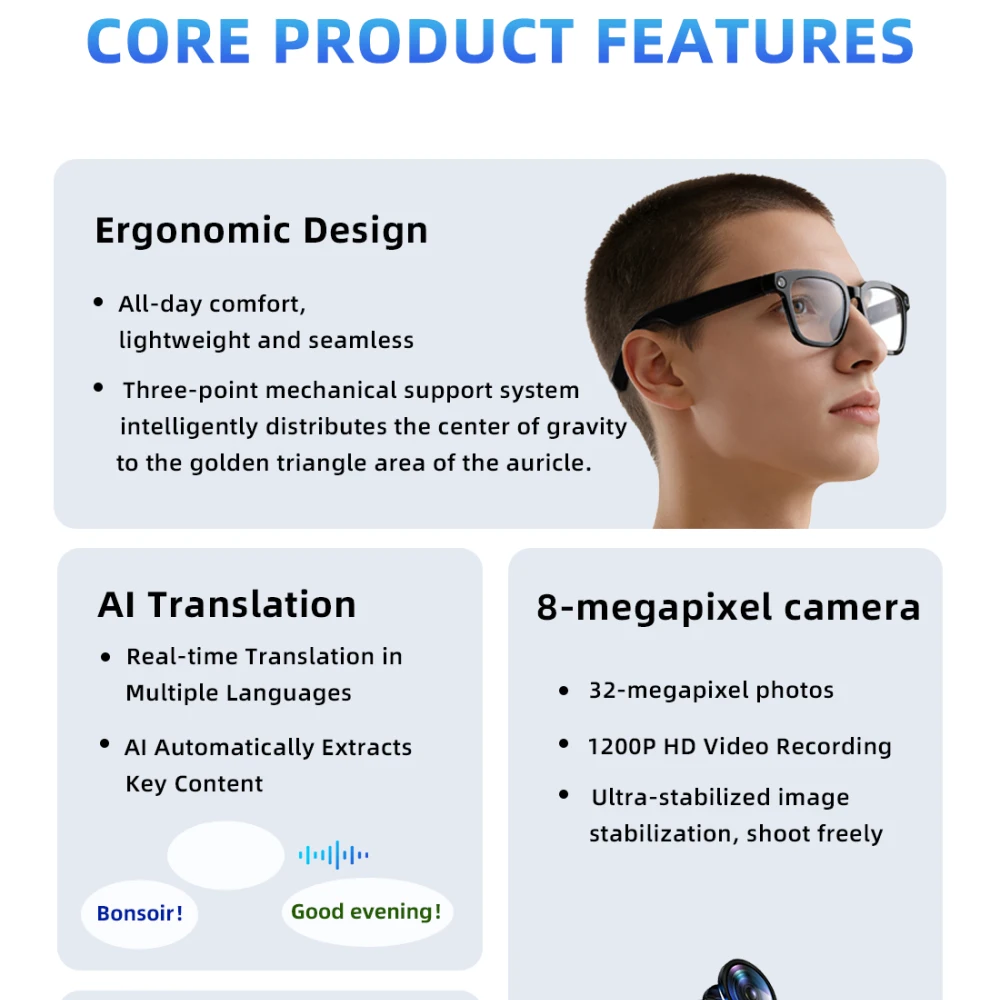 AI Smart Glasses 800W Pixel HD Camera Video Shooting Anti Blue Light Real-time Translation Glasses BT Call Sunglasses Men Women