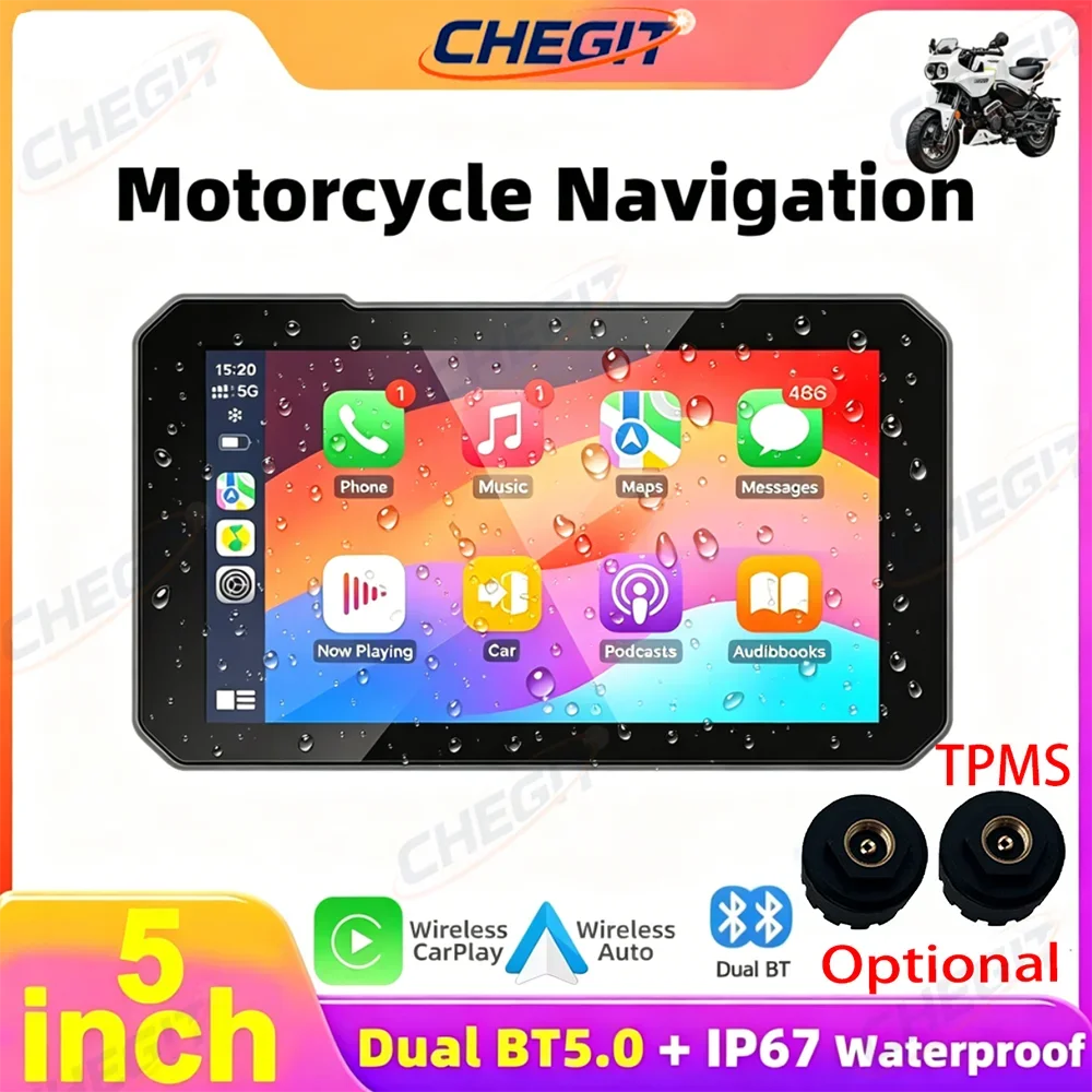

5inch Bluetooth Motorcycle Carplay Screen Navigation GPS Display IP67 Waterproof TPMS Optional Wireless Carplay Android Auto
