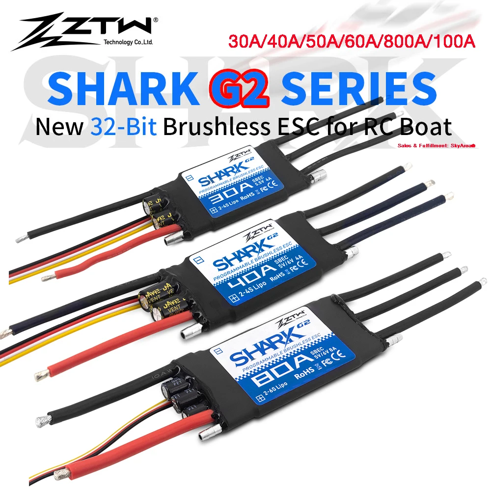 

ZTW Shark G2 двухсторонний 32-разрядный ESC водяное охлаждение 20A/30A/40A/50A/80A/100A 2-6S SBEC 5V/6V 8A бесщеточный контроль скорости для лодки с дистанционным управлением