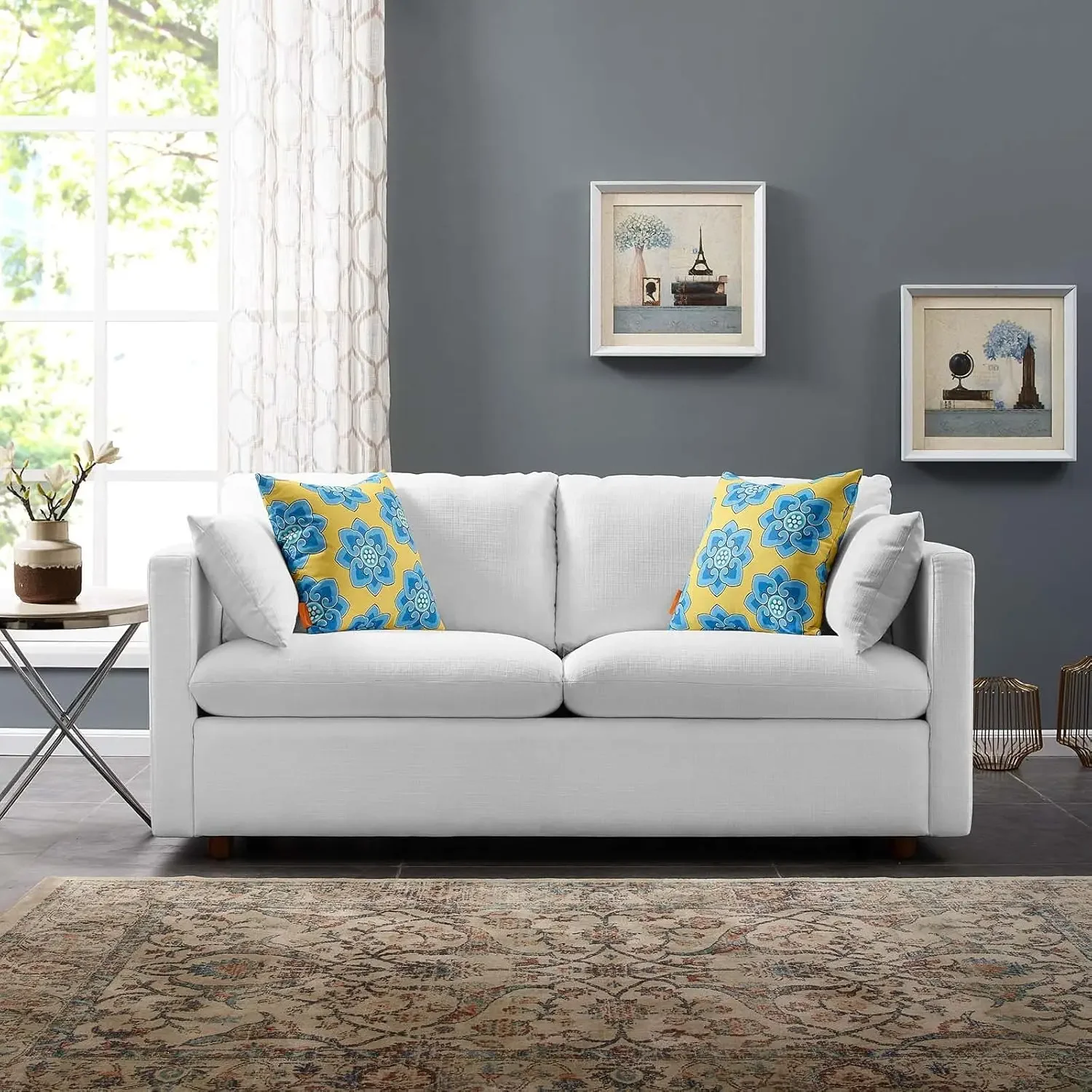 Activate Contemporary Modern Fabric Upholstered Apartment Sofa Couch In White